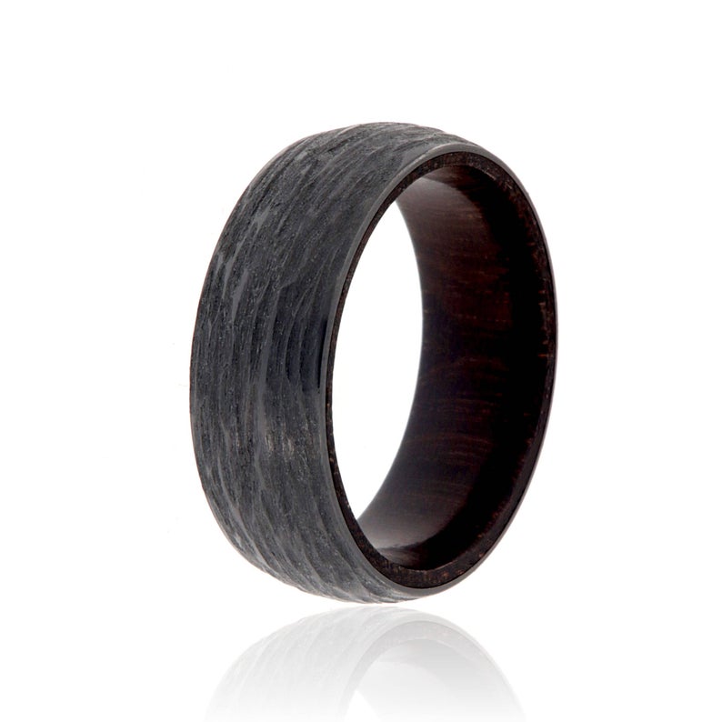 8mm Black Zirconium Ring With Tree Bark Finish and Ebony Wood Sleeve