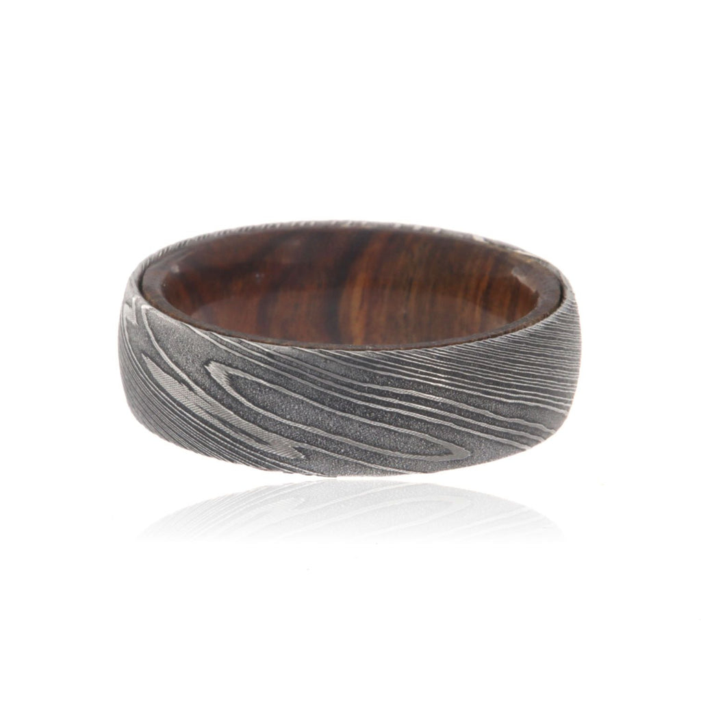 Damascus Steel Ring with Tamboti Wood Sleeve Damascus Bands