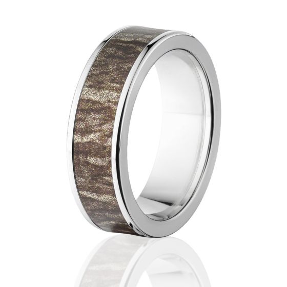 Branded Mossy Oak, inlaid in High Polish Titanium, Comfort Fit Camo Rings