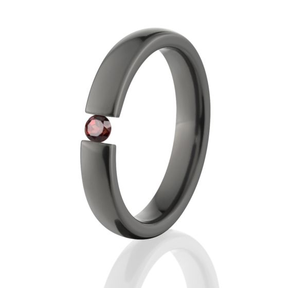Garnet Tension Set Ring, Black Zirconium Ring