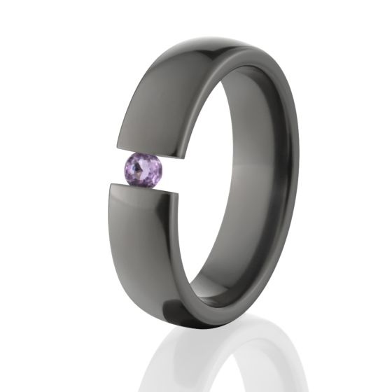 6mm Black Zirconium Tension Set Ring, Amethyst Ring