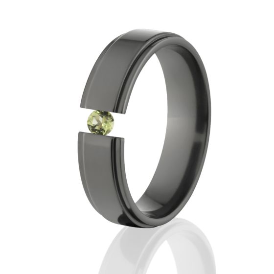 Peridot Black Ring, 6mm Black Zirconium Ring, Tension Set Ring