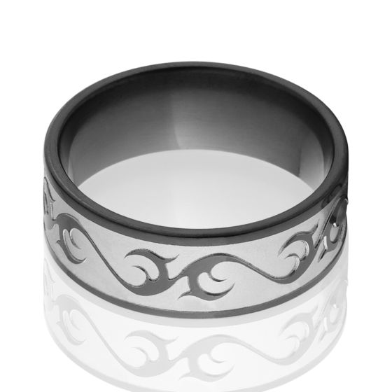 8mm Tribal Design Ring, Black Zirconium Ring
