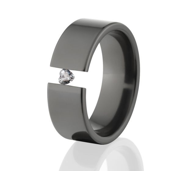 8mm Pipe Cut Ring, Heart Gemstone, Black Zirconium