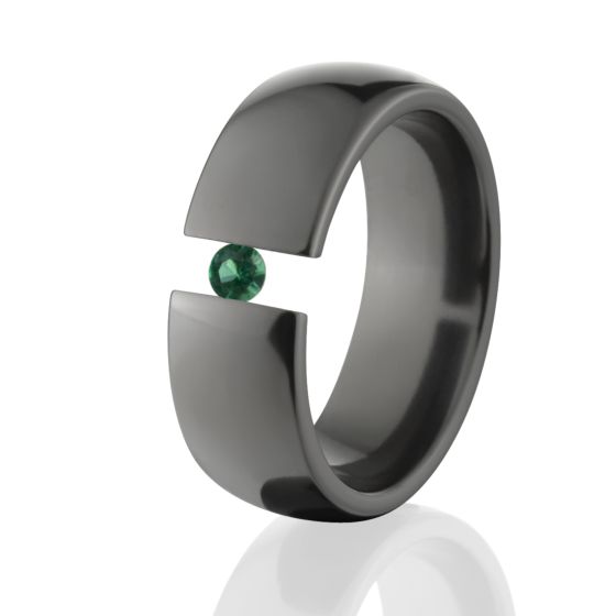 Emerald, 8mm Black Zirconium Ring, Tension Set Ring