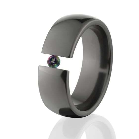 Mystic Topaz Stone, Black Zirconium Ring, Tension Set Ring