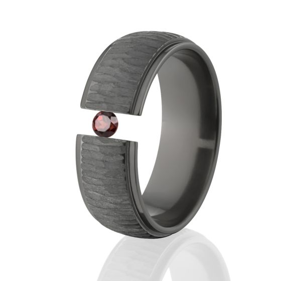 Garnet Tree Bark Ring, Tension Black Zirconium, 8mm Ring