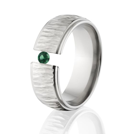 Emerald Titanium Ring, Tension Set Ring, Tree Bark