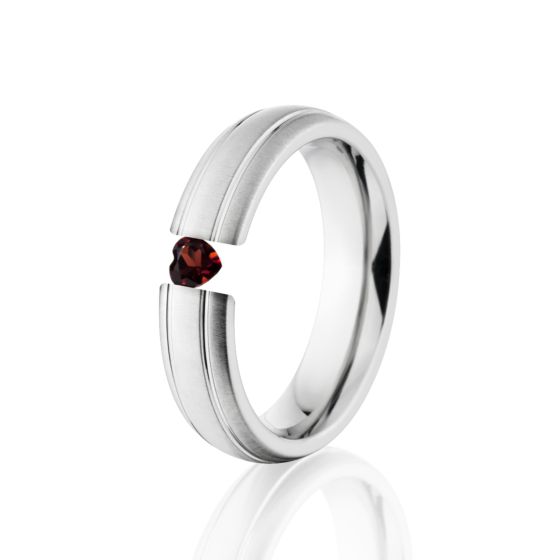 Two Groove Titanium Ring, Heart Gem, Tension Set Ring