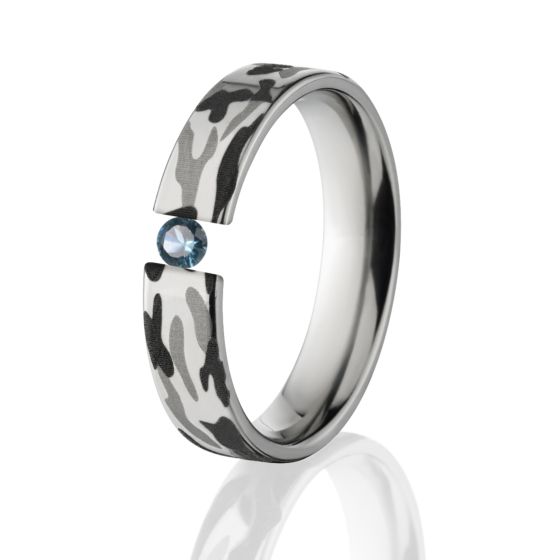 Blue Topaz, Titanium Camo Ring, Tension Set Ring