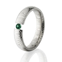 Emerald, Damascus Steel, Tension Set Ring