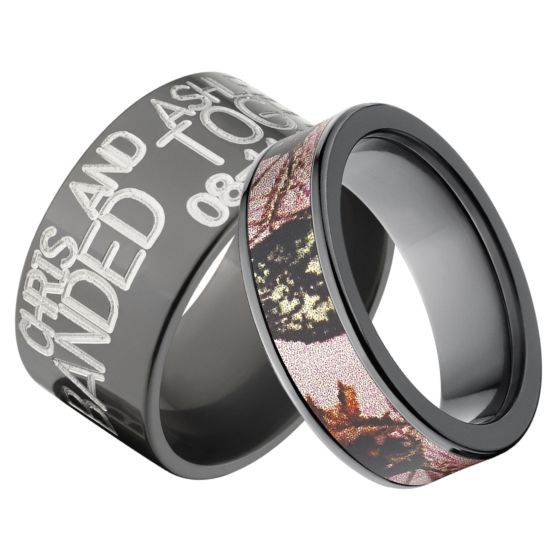 Outdoor His and Her's Matching Mossy Oak Pink Break Up Camouflage & Duck Band Ring Set