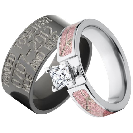 Outdoor His and Her's RealTree AP Pink Camouflage & Duck Band Wedding Ring Set