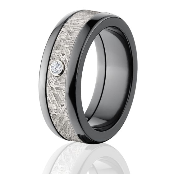 8mm Half Round Meteorite Wedding Rings, .06 Diamond