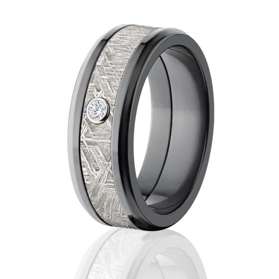 8mm Black Bevel Meteorite Wedding Ring, .06 Diamond
